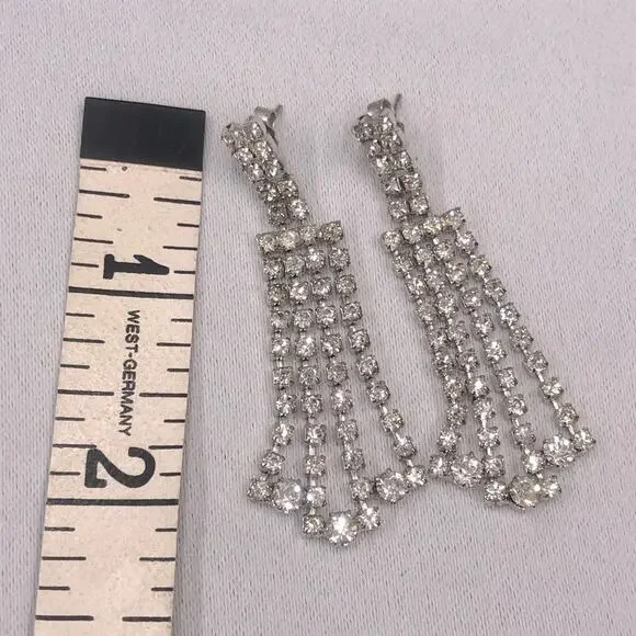 90's Vintage Rhinestone Dangle Drop Chandelier Earrings Silver Tone Post Style - Picture 9 of 16